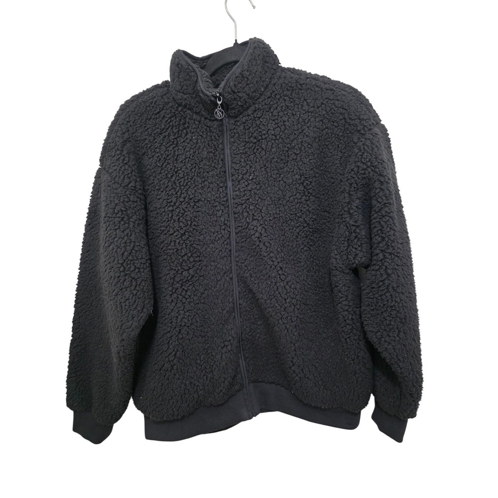 Victori's Secret Black Sherpa Full-Zip Jacket With Stand Collar & Ribbed Hem Siz
